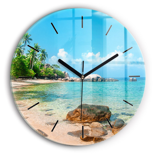 Round glass wall clock Beautiful beach in Thailand