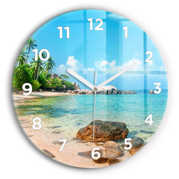 Round glass wall clock Beautiful beach in Thailand