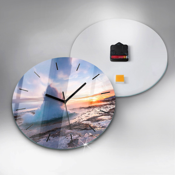 Round glass wall clock Geyser on the island of Iceland