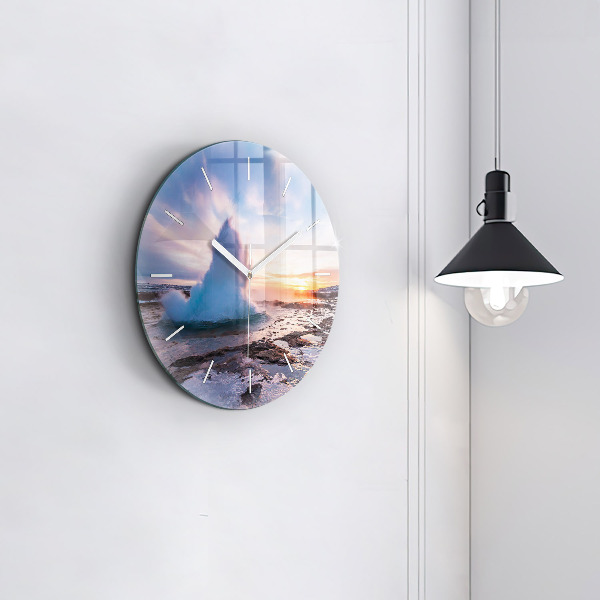 Round glass wall clock Geyser on the island of Iceland
