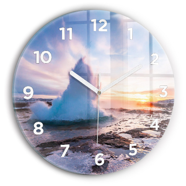 Round glass wall clock Geyser on the island of Iceland