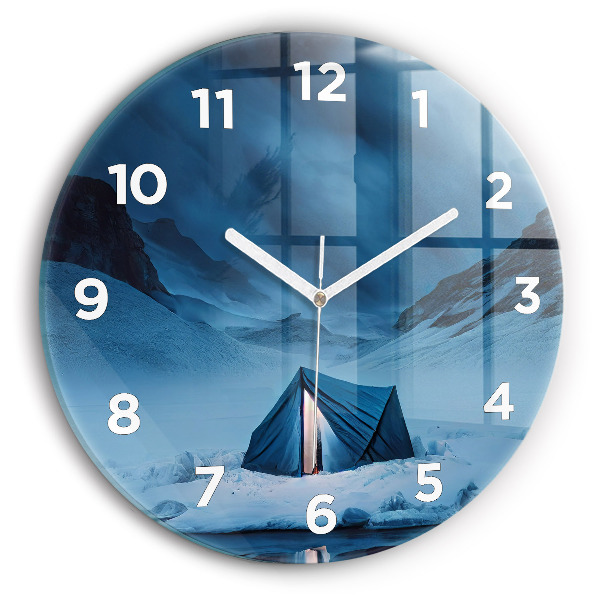 Round glass wall clock Tent in the mountains of Iceland