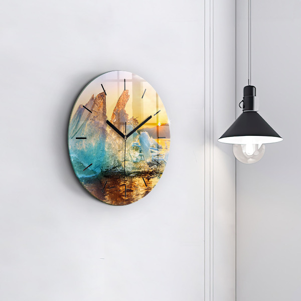 Round glass wall clock Iceberg and sunrise