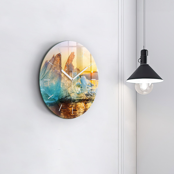 Round glass wall clock Iceberg and sunrise