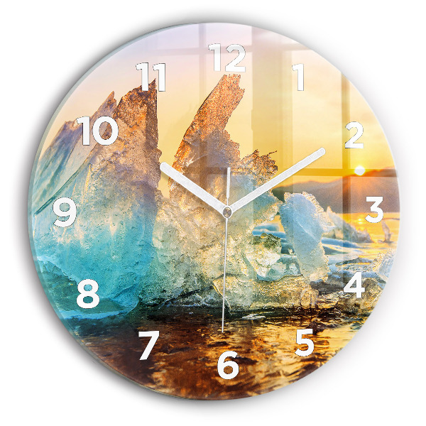 Round glass wall clock Iceberg and sunrise
