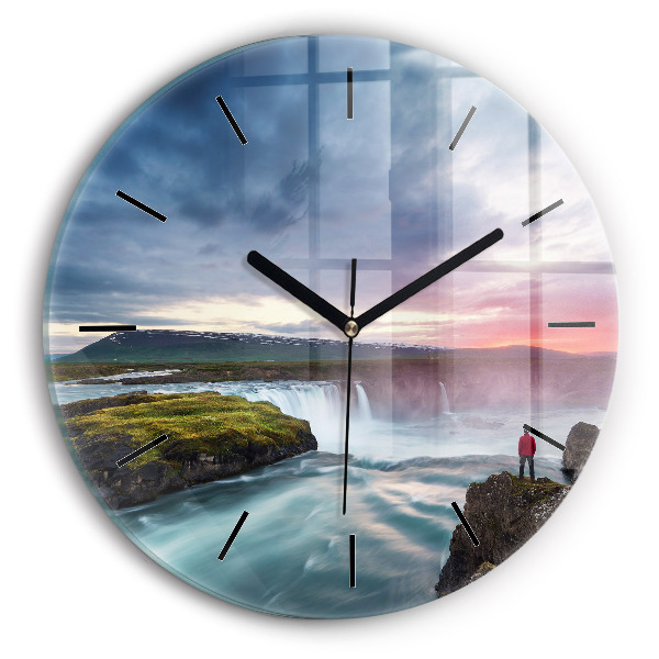 Round glass wall clock Landscape with a waterfall