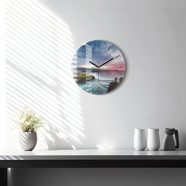Round glass wall clock Landscape with a waterfall