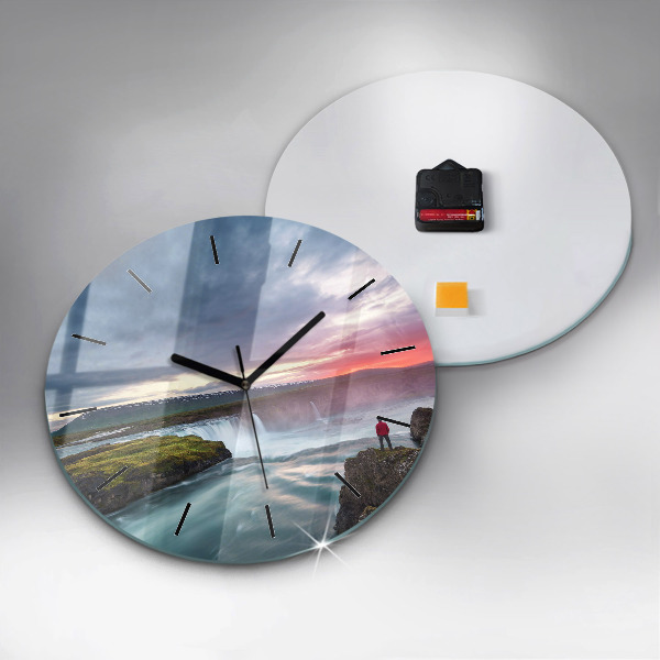 Round glass wall clock Landscape with a waterfall