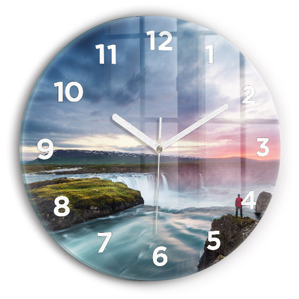 Round glass wall clock Landscape with a waterfall