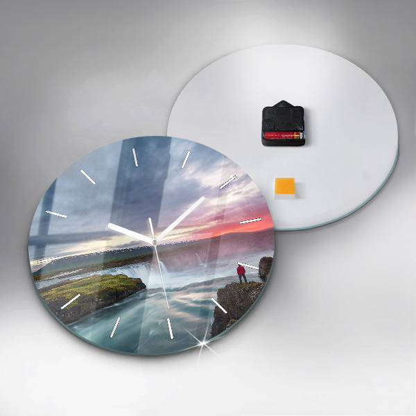 Round glass wall clock Landscape with a waterfall