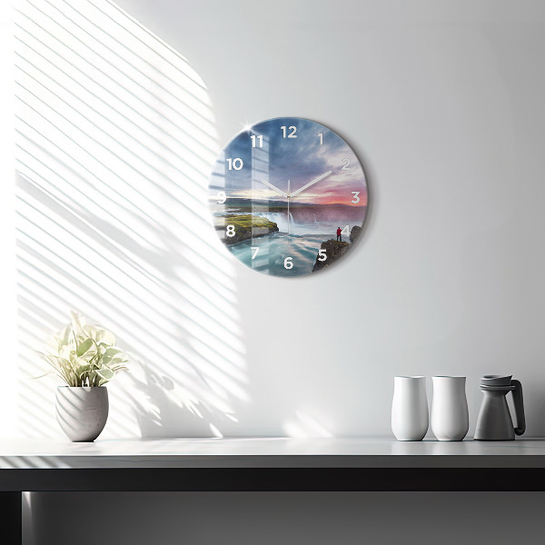 Round glass wall clock Landscape with a waterfall