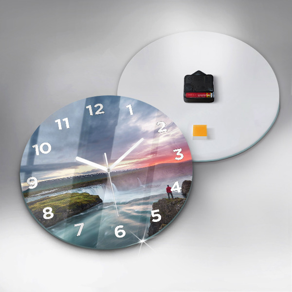 Round glass wall clock Landscape with a waterfall