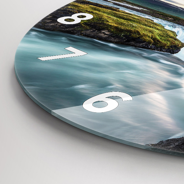 Round glass wall clock Landscape with a waterfall
