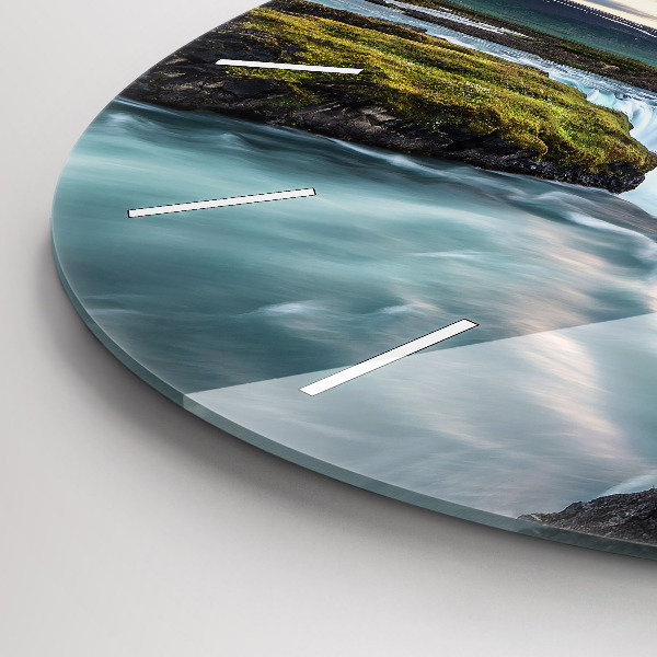 Round glass wall clock Landscape with a waterfall