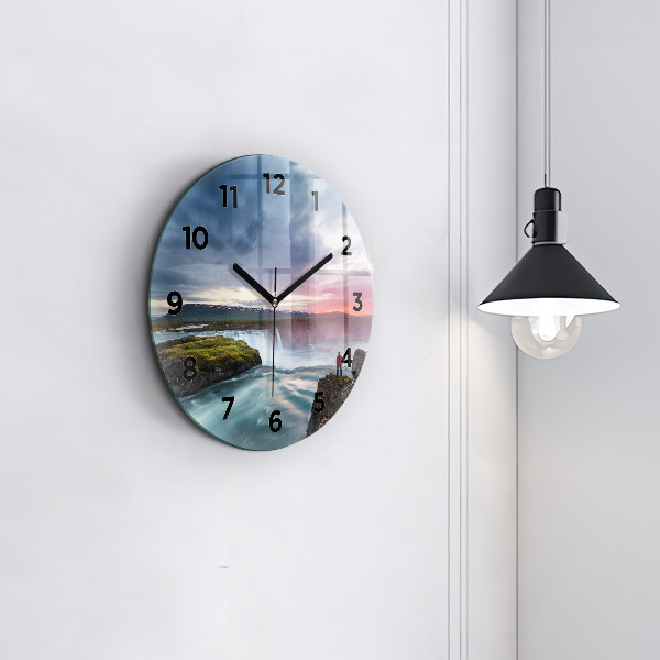 Round glass wall clock Landscape with a waterfall
