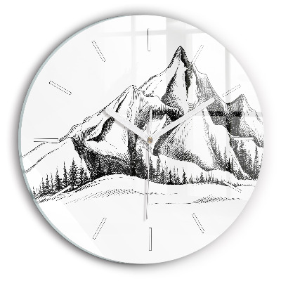 Round glass wall clock Drawn mountains