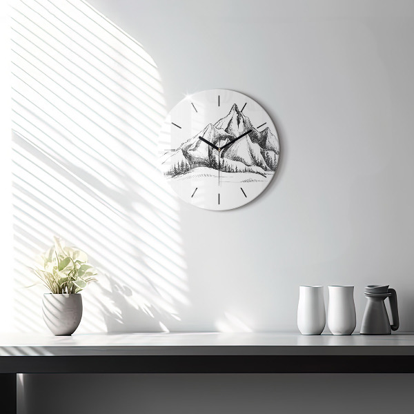 Round glass wall clock Drawn mountains