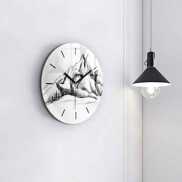 Round glass wall clock Drawn mountains