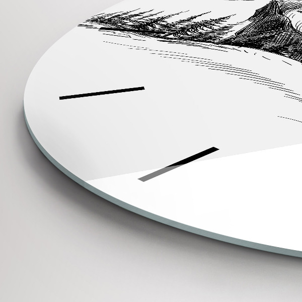 Round glass wall clock Drawn mountains