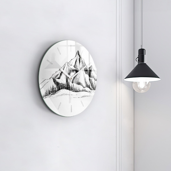 Round glass wall clock Drawn mountains