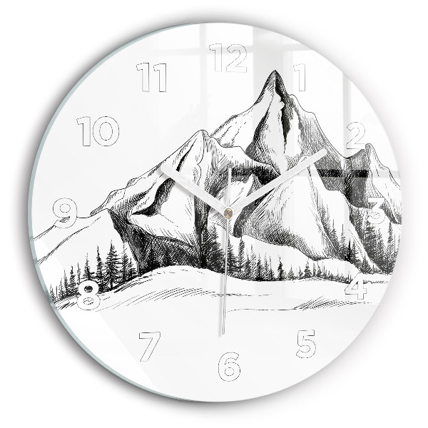 Round glass wall clock Drawn mountains