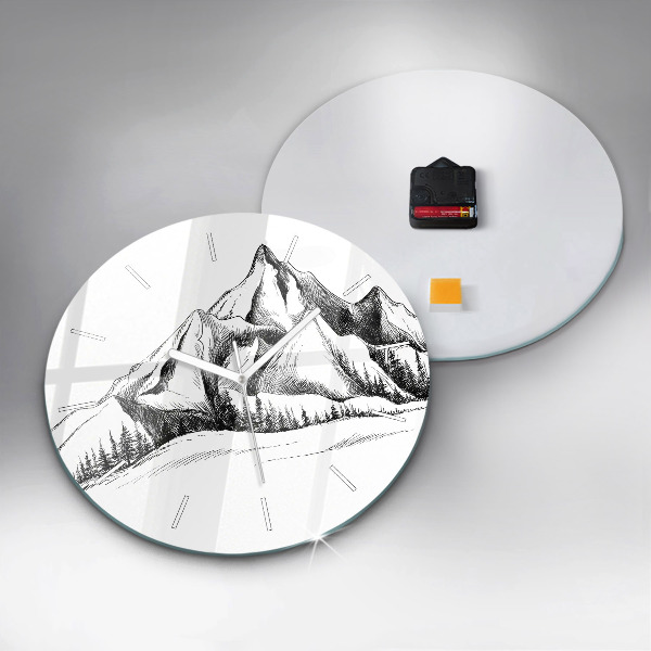 Round glass wall clock Drawn mountains