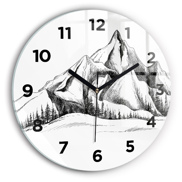 Round glass wall clock Drawn mountains