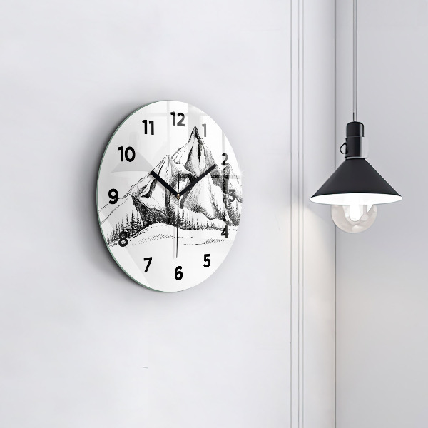 Round glass wall clock Drawn mountains