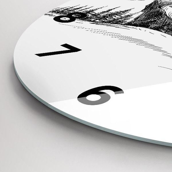 Round glass wall clock Drawn mountains