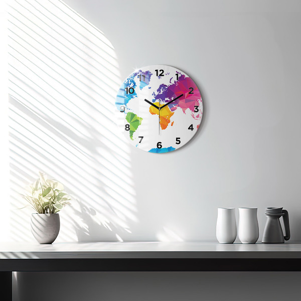 Round glass wall clock Abstract world map