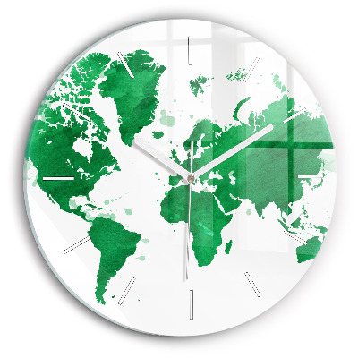 Round glass wall clock Green world map