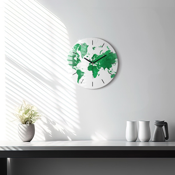 Round glass wall clock Green world map