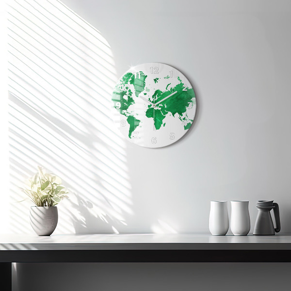 Round glass wall clock Green world map