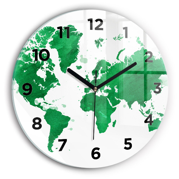 Round glass wall clock Green world map