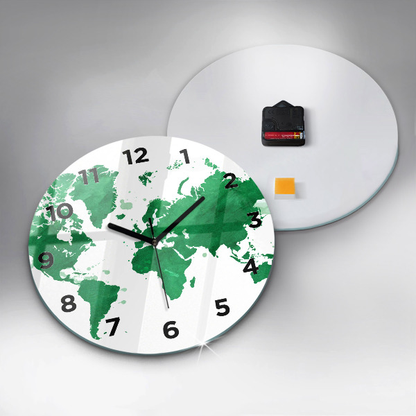 Round glass wall clock Green world map