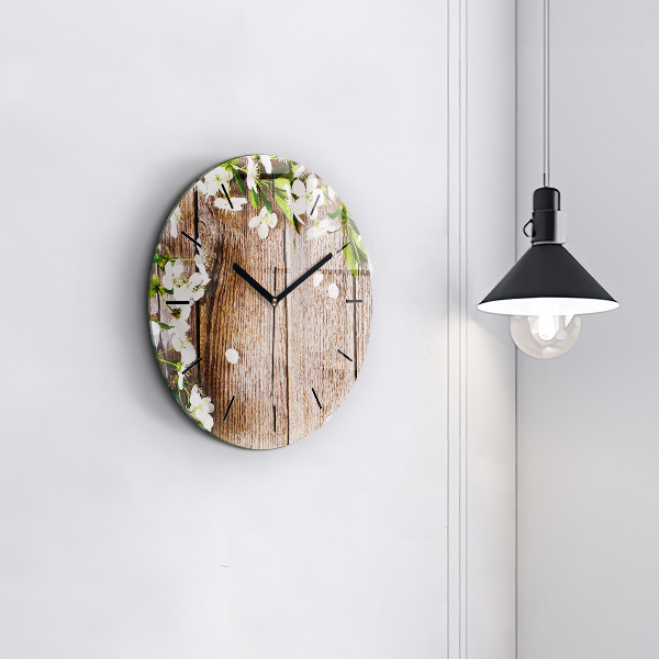 Round glass wall clock Flowers on wood