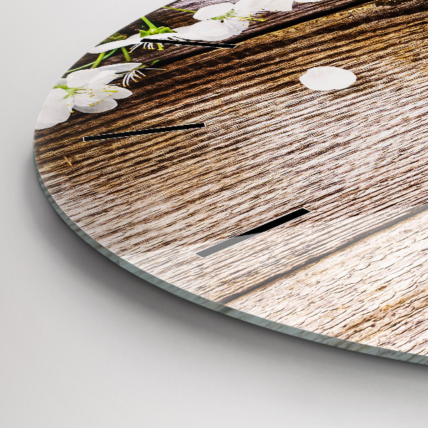 Round glass wall clock Flowers on wood