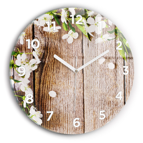 Round glass wall clock Flowers on wood
