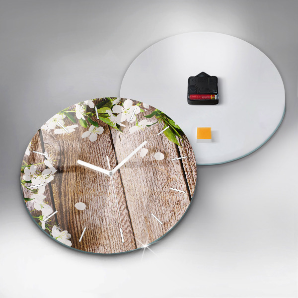 Round glass wall clock Flowers on wood