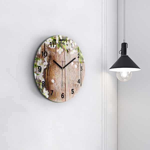 Round glass wall clock Flowers on wood