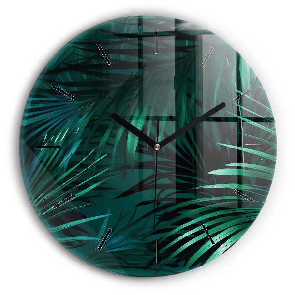 Round glass wall clock Tropical leaves