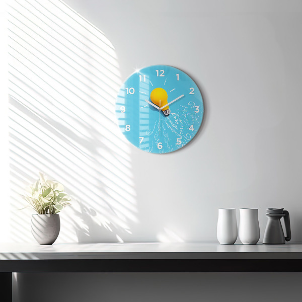 Round glass wall clock Light bulb drawing