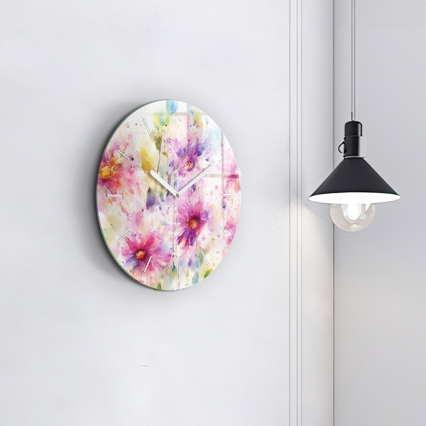 Round glass wall clock Painted flowers