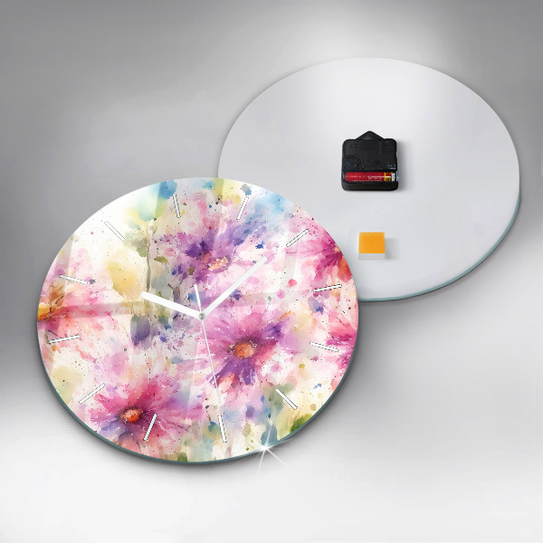 Round glass wall clock Painted flowers