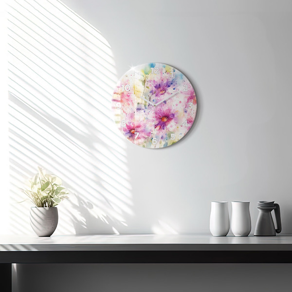 Round glass wall clock Painted flowers