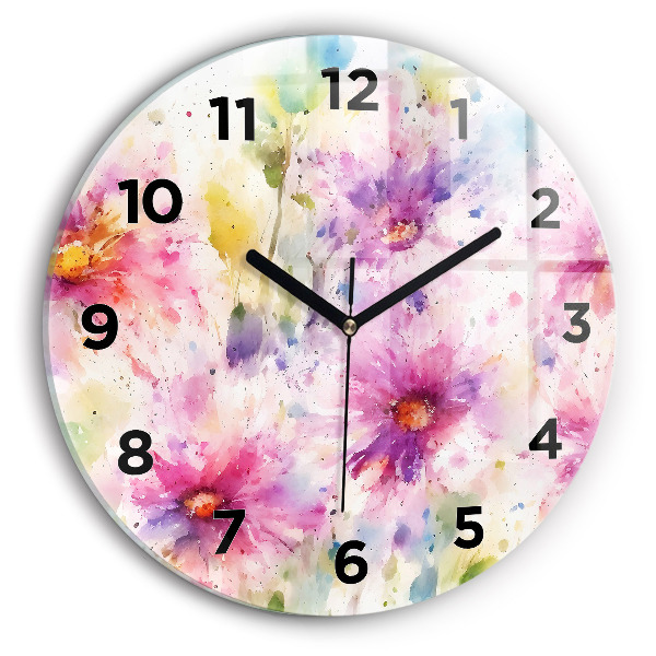 Round glass wall clock Painted flowers