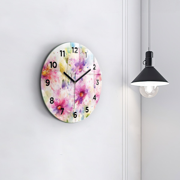 Round glass wall clock Painted flowers