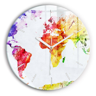 Round glass wall clock Watercolor world map