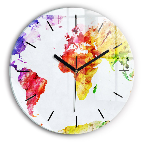 Round glass wall clock Watercolor world map