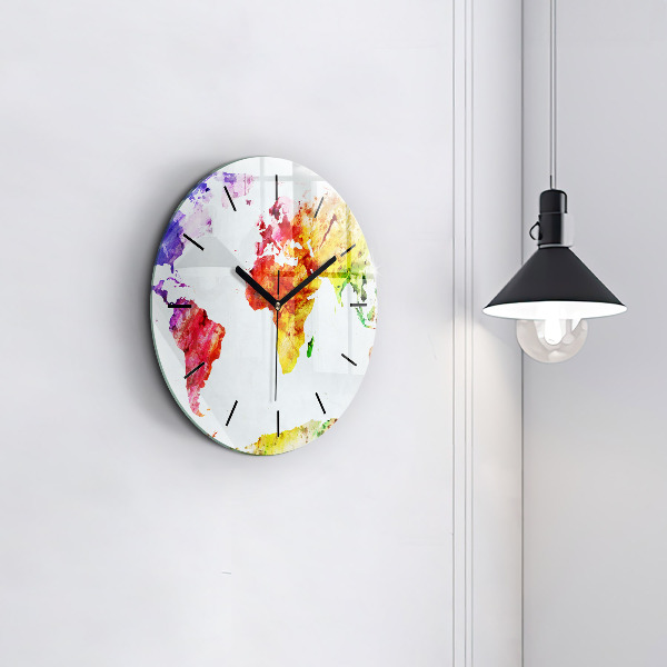 Round glass wall clock Watercolor world map